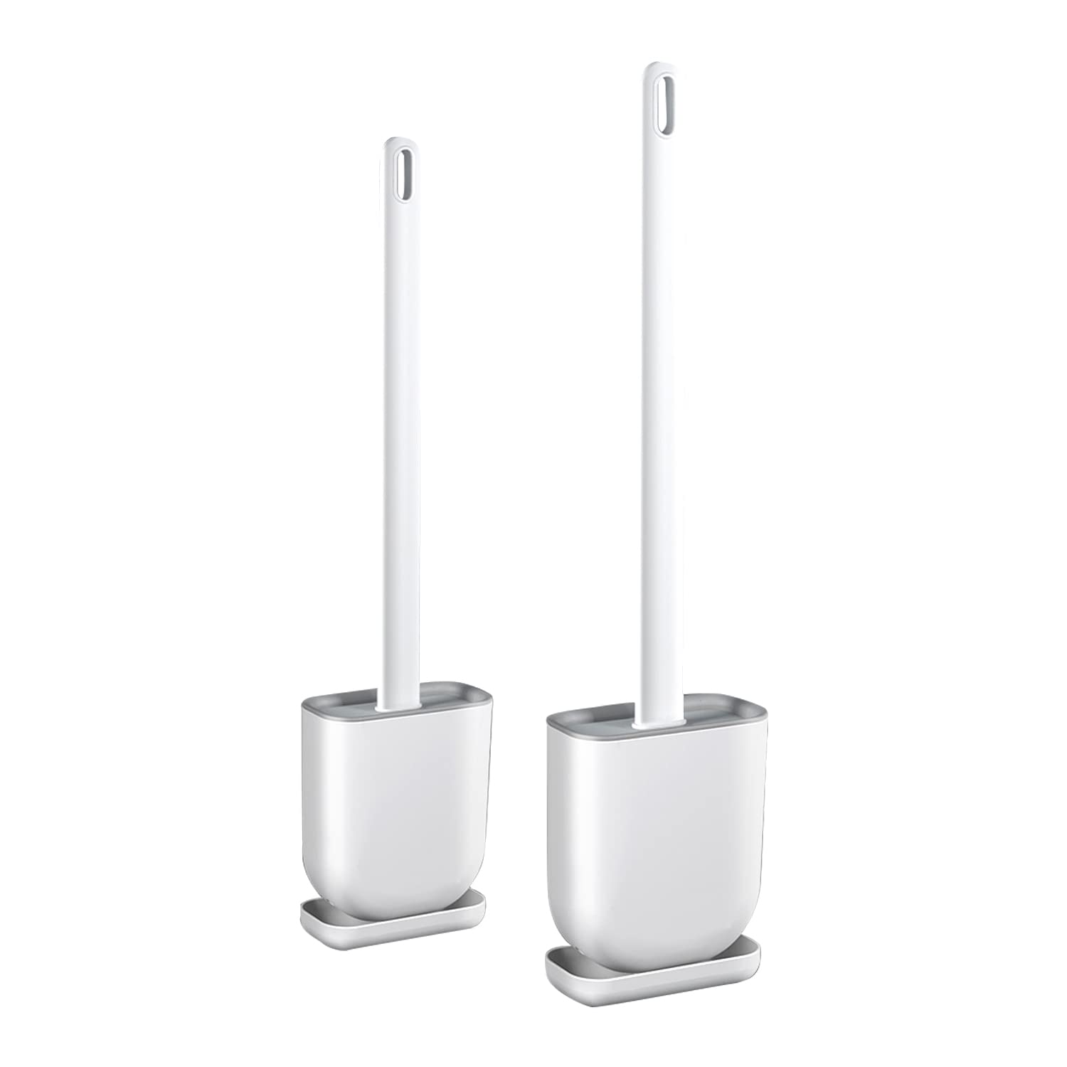 Straame Silicone Toilet Brush and Holder Set with No-Slip Long Plastic Handle & Soft Flexible Bristles - Base for Anti-Drip - Wall Mounted Brush - Deep Cleaning (White 2 Pack)