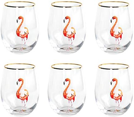 Colias Wing 17 OZ Cuddly Cartoon Flamingo Pattern with Golden Edge Stylish Design Lead-free Glass Water Juice Beer Wine Whiskey Tumblers Mug Cup-Set of 6-Clear