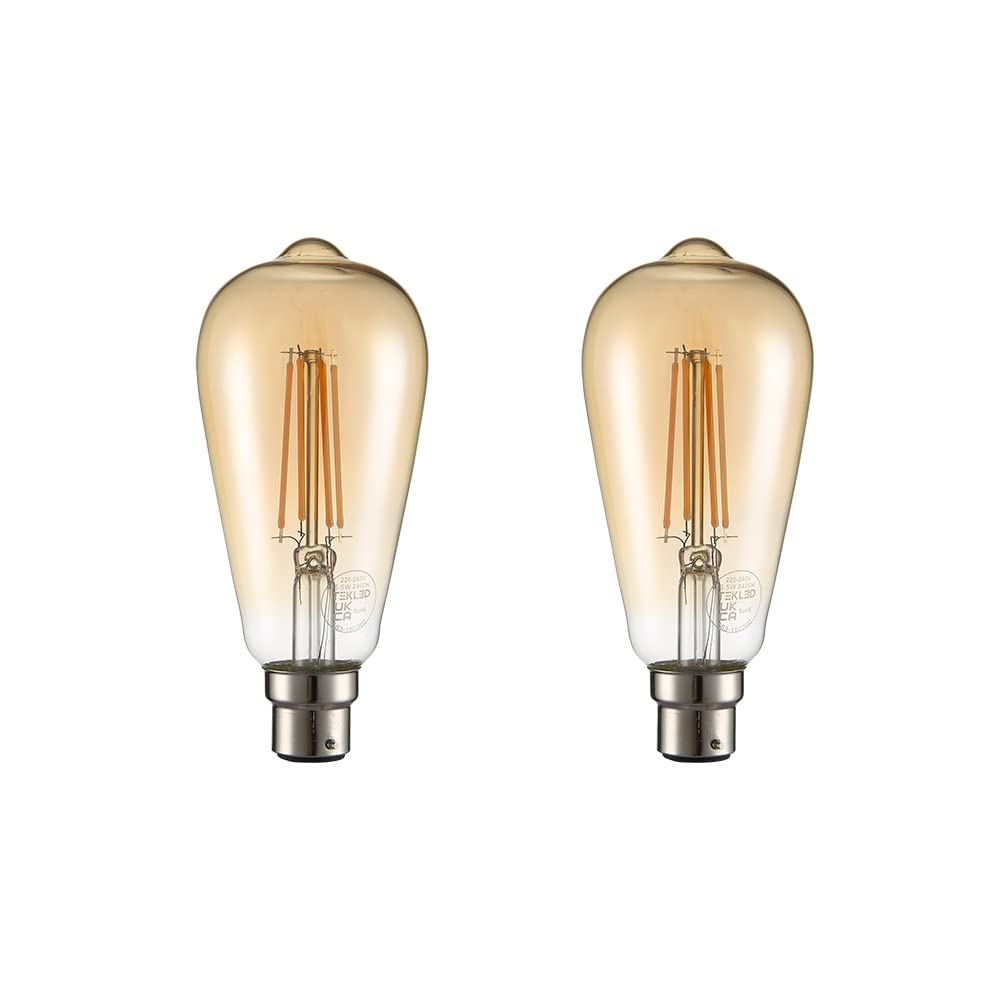 TEKLED® ST64 Filament Vintage DIMMABLE LED Bulbs | B22 Bayonet Cap | Energy Saving 6.5W Light Bulb 53W Equivalent | Amber 2400K 680LM | 2-Pack | Warm White