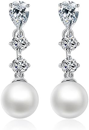 Cubic Zirconia White Shell Pearl Beads Long Linear Dangle Drop Women Girls Bridal Earring Silver Plated