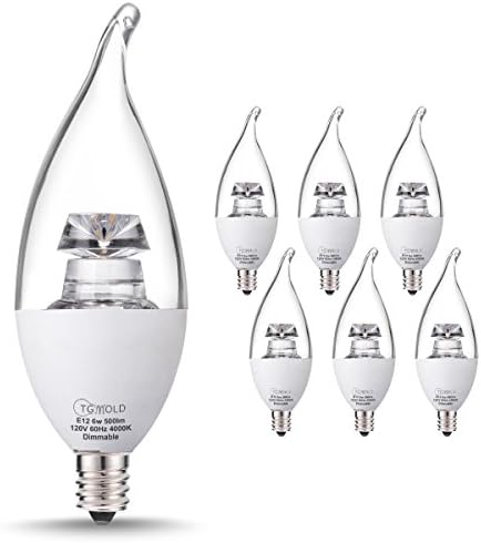 TGMOLD Candelabra LED Bulbs, Dimmable 6Watt Candle Lights, Flame Tip E12 Base LED Bulbs, 4000K Natural Daylight White, 500lm, 120 Degree Beam Angles, 60W Decorative Lights for Chandelier (6Pack)