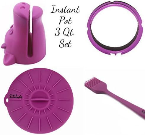Accessories Set for Instant Pot 3 Quart Mini. Purple set of 4: Suction Lid for inner container, Animal Hot Mitt, Steel Frame Spatula, Cleaning Baster Tool. BPA Free Silicone.