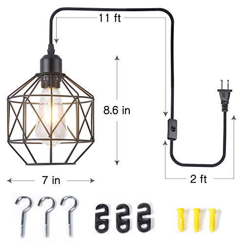 Femony Plug in Pendant Light,Black Cage Hanging Light with Plug in Cord