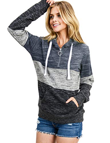 Women's Ultra Soft Fleece Tri-Color Block 1/4 Zip-Up Pullover Hoodie Sweatshirt, Marled Midnight Blue, X-Small