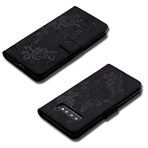Funyye Wrist Strap Leather Cover for Samsung Galaxy S10,Black Magnetic Flip Butterfly Embossing Flower Pattern Folio Wallet Case with Stand Credit Card Holder Slots Case for Samsung Galaxy S10