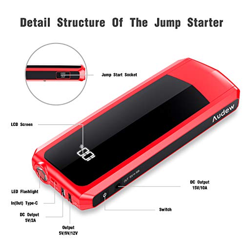 Audew Upgraded Car Jump Starters, Jump Box 2000A Peak 20000mAh Battery Charger Automotive(up to All Gas and 8.5L Diesel), 12V Battery Booster with 3 Modes LED Flashlight and Dual QC USB Ports