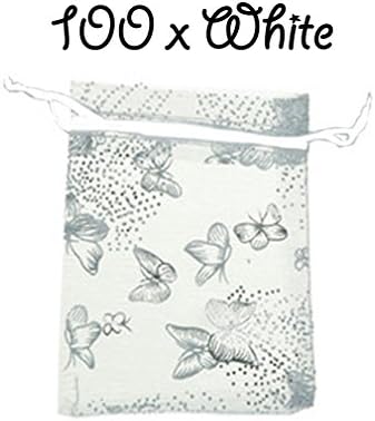 The Cufflink Shop 100 White Drawstring Butterfly Organza Gift Bags Wedding Pouches Favour Bags Jewellery Pouch 13 x 18 cm