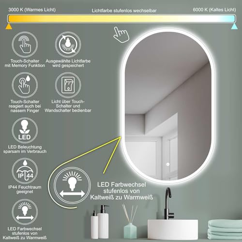 HOKO® Oval LED Design Mirror, 45 x 75 cm, High + Horizontal Mount, Illuminated Bathroom Mirror, Also as Vanity Mirror