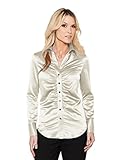 Womens Stylish Matte Satin Long Sleeve Flair Ruching Placket Woven Camille Shirt