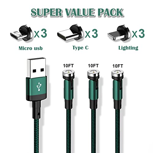 clenye Magnetic Charging Cable, 540° Rotation Magnetic Phone Charger with LED Light 3Pack (10FT/10FT/10FT) 3 in 1 Compatible with Micro USB, Type C and iProduct Device | Blackish Green Nylon-Braided