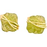 Gempires Wire Wrapped Raw Gemstone Stud Earrings for Women 14k Gold Plated Handmade Crystal Jewelry Hypoallergenic Minimal Natural Stone Earrings Gift
