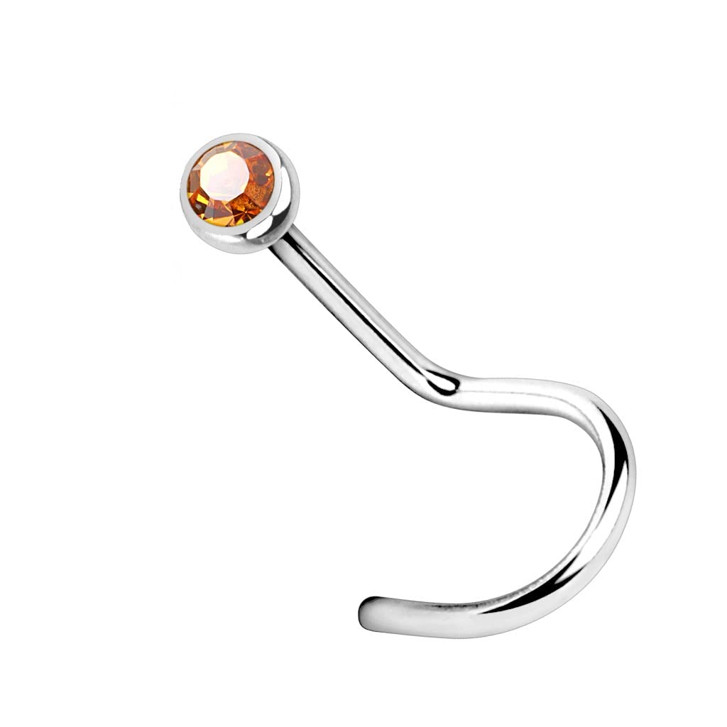 PiercedOff 316L Surgical Steel Nose screw with Topaz CZ Gem - Thickness 20GA (0.8mm) / Length 6mm / Gem Size 2mm