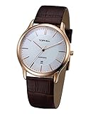 TOPHILL Sf210 Classic Quartz Brown Leather Men's Watch Slim Rose Gold Case
