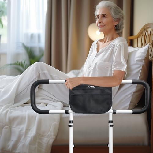 Bed Rails for Elderly Adults Safety with Adjustable Heights Storage Pocket Assist Support Side Railings for Seniors Citizens Slides Under Mattressbed Cane Bed Guard Bed Handles Bars (White)