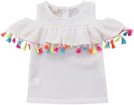 Alione Infant Toddler Baby Girls Cold Shoudler Tops Shirt Tassels Blouse Summer Short Sleeve Dress (White, 3-4Y)