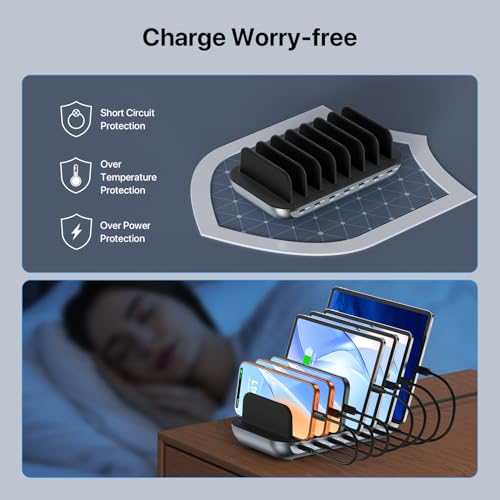 SooPii USB Charging Station, Multiple USB Charger Station for Multible Devices, mixed Cables Included, Charging Organizer for Phones,Tablets, and Other Electronics (140W-7 USB C Black)