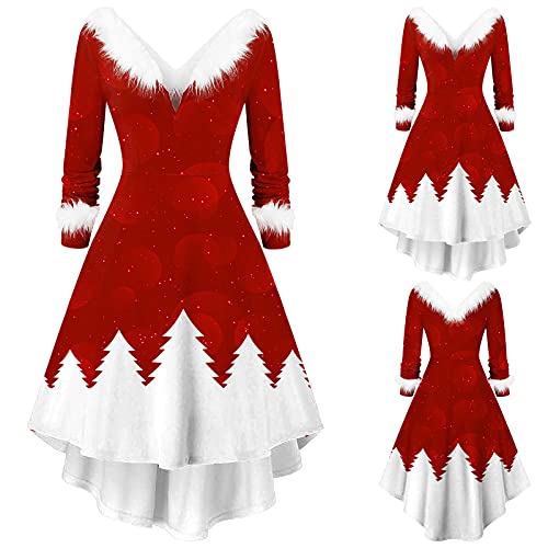 Christmas Dresses for Women Furry V Neck Swing Dress High Low Party Dress Long Sleeve Christmas Print Dresses (Red02, L)
