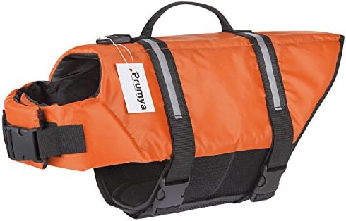 Prumya Dog Life Jacket Pet Life Vest Saver for Swimming Boating Dog Floatation Life Preserver Coat Safety Reflective Swimwear with Head Support Size Adjustable (M, Upgraded-Orange)