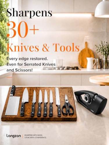 longzon Knife Sharpener 6-in-1 Manual Sharpening Tool with Cut-Resistant Glove, for Kitchen Knives, Serrated Knives, Scissors, and Pocket Knives – Safe and Easy to Use