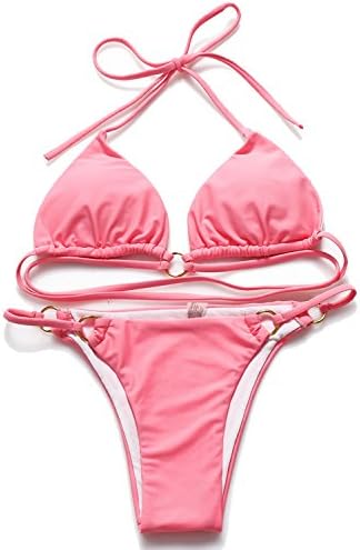 HERKINI Women's Tie Side Bottom Push Up Padded Top Triangle Bikini Bathing Suit (S, Hot pink)