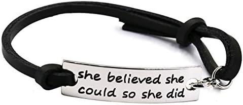 YOYONY engraved message "She believed she could so she did" inspirational leather cuff bracelet
