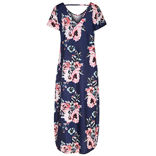 Lloopyting Women's Print Casual Loose Pocket Long Straight Dress Short Sleeve V-Neck Fashion Maxi Dress Blue