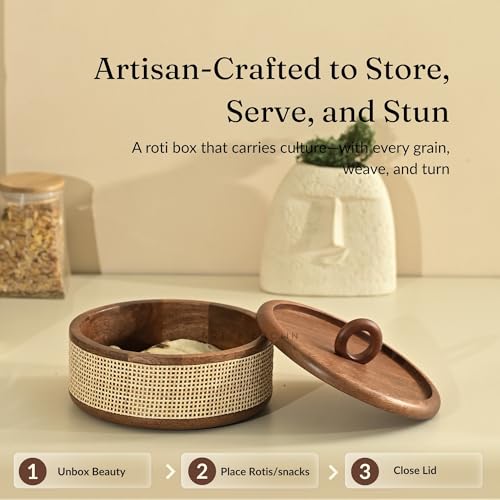 Brick Brown® Tresso Wooden Roti Box With Cane Weave | Chapati For Kitchen Casserole Hot Pot Lid Case Dabba Server Dining Table Handmade Container (8X8X5 In)