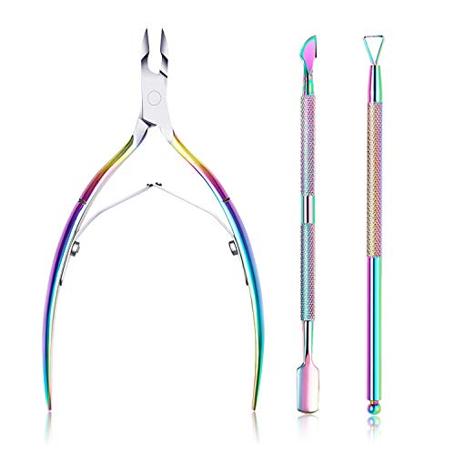 Cuticle Trimmer with Cuticle Pusher Scraper & Cuticle Pusher Peeler Rainbow-Colored Cuticle Remover Stainless Steel Cuticle Nippers Cuticle Cutter Scissors Manicure Tools Nail Cutters Clippers