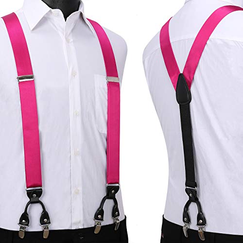 HISDERN Solid Hot Pink 6 Clips Suspenders and Bow Tie Set Y Shape