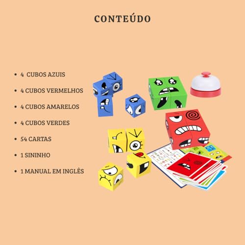 Brinquedo Educativo 3 EM 1 Cubo das Emoções com sininho - Monta cara e Pares Malucos Jogo Pedagógico Criativo e Divertido para Crianças, Meninos e Meninas, Didático Lúdico 3+ Anos Jogos de Tabuleiro
