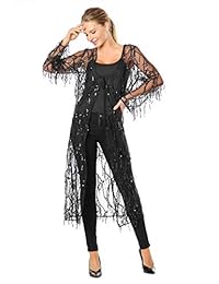 Metme Colgante lentejuelas Cardigan Cloak See-Through frontal abierto purpurina Shawls 1920s Kimono brillante envoltura bufandas manga larga cubierta arriba