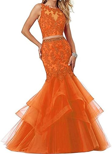 GURNALL Two Piece Mermaid Prom Dress Tulle Lace Applique Long Evening Gown Orange Size 20W