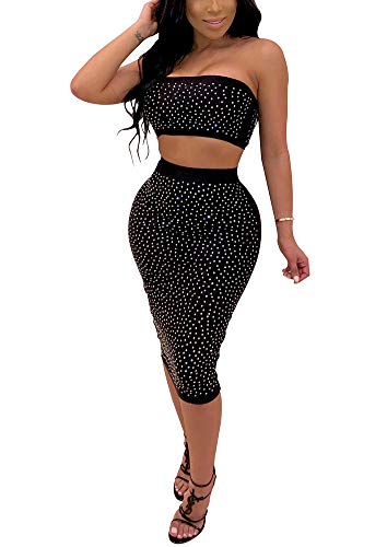 Women Sequin Dress Suit - Sexy Strapless Tube Crop Top Midi Skirt Set Two Piece Party Club Outfit Black S