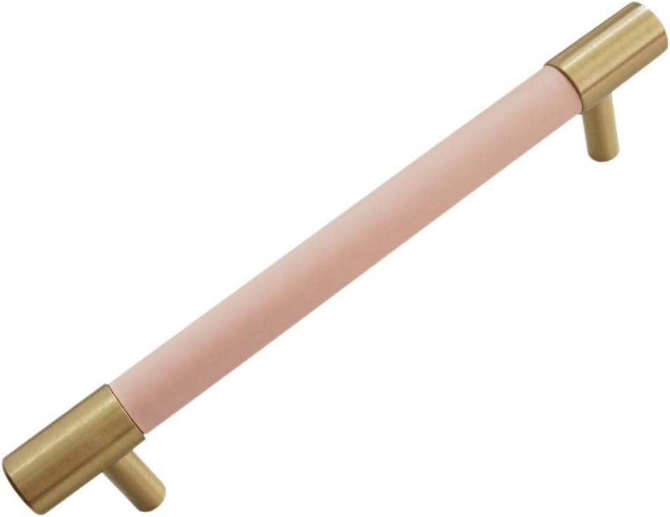 LBFEEL3.78" 5" Modern Pink Leather Brass Drawer Pull Handle Kitchen Cabinet Door Knob Cupboard Pull Handle Hardware 96 128mm (5" Hole Centers)