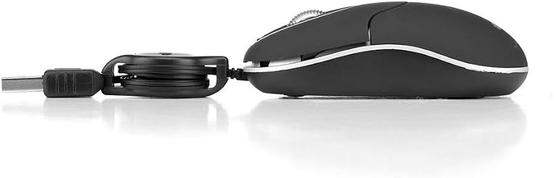 SIN BLACK - Ratón Óptico 1000dpi con Cable Retráctil USB, Ratón para Ordenador o Portátil con 2 Botones, Ambidiestro