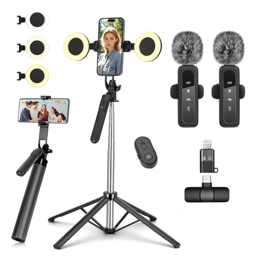 Tiktok/YouTube Kit di Treppiede per Selfie Stick con 2 luci y con 2 microfoni, 180cm Treppiede per smartphone, treppiedi per smartphone compatibile con iPhone & Android Smartphone