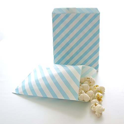 Blue Paper Bags, Candy Treat Bags, Kids Birthday Favors, Striped Goodie Bags, Light Blue Stripe Bags (25 Pack)