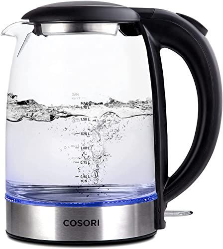 Cosori Bouilloire Électrique En Verre, 1,7L, 2200 Watt, Filtre En Acier Inoxydable, Couvercle Intérieur Et Fond, Ébullition Rapide, Arrêt Automatique, Protection Contre La Combustion À Sec, Sans Bpa