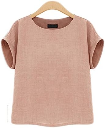 Prapra Women's Casual Loose Short Sleeve Round Collar Cotton Linen Shirt Blouse Tops Plus Size Blouse XL-5XL