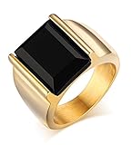 Fashion Stainless Steel Vintage Square Black Agate Signet Rings for Men, Gold and Silver Color