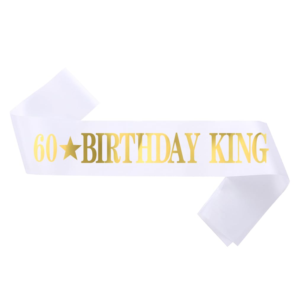 Photo 1 of Conggluuo 60th Birthday Sash, 60 BIRTHDAY KING' Birthday Sash for men White Sash with Gold Foil Letter 60th Birthday sash for men Party Decorations Favors White Gold