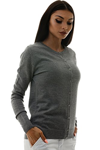 KNITTONS Women's Wool Crewneck Cardigan Button Up Long Sleeve Sweater (Small, Grey)