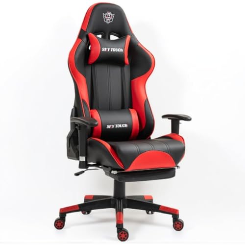 SKY-TOUCH New Upgrade Ergonomic Gaming Chair,Height Adjustable Computer Gaming Chair with Footrest,Adjustable Armrests,Fulled PU Leather, Swivel & Tilt,54x52x132cm, Red