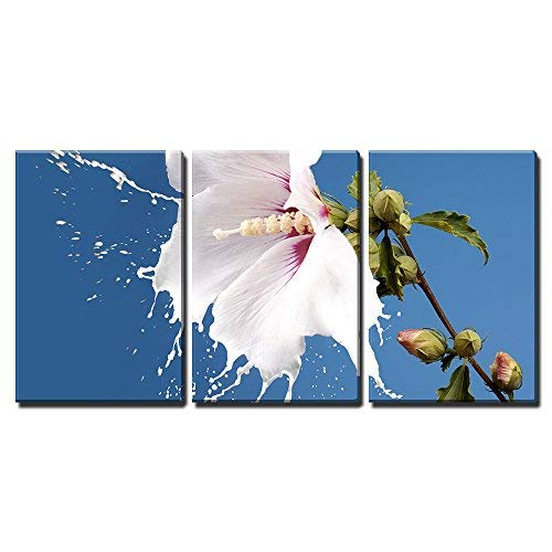 White Flowers with Milk Splash on Blue Background Home Art x3 Panels