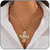 Chunky Gold Cross Necklace for Women Bold Pearl Statement Pendant Necklaces Bohemian Style Gold Chain Necklace Vintage Toggle Clasp Necklace Jewelry