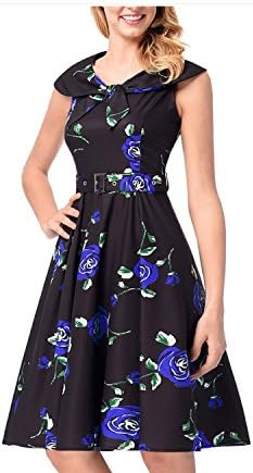 Kebinai Women's 2018 New Sleeveless Retro A-Line Skirt Style 50s Navy Collar Print Dress,Blue,M