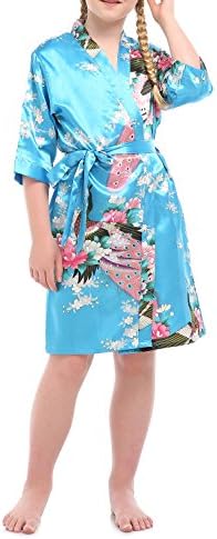 Girl's Satin Printing Peacock Kimono Robe For Wedding Birthday(4,Sapphire)