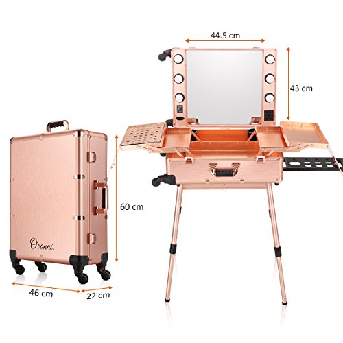 Ovonni LED Makeup Train Case, Lighted Rolling Travel Portable Cosmetic Organizer Box with Mirror & 4 Detachable Wheels, Professional Artist Trolley Studio Free Standing Workstation, Rose Gold