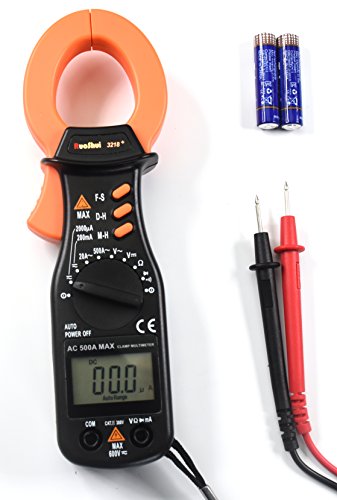 Ruoshui Digital Clamp-On Meter, 1.18 Inch Jaw Opening Auto & Manual Ranging Multimeters MAX Range AC 500 Amp DC 200mA AC DC 600 Volt 20 Mega Ohm with 2 AAA Batteries & Testing Leads