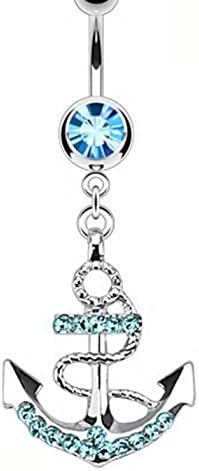 Anchor Dangle Charm Navel Ring with Light Blue Rhinestone Studs (1.6 mm, 14 Gauge)